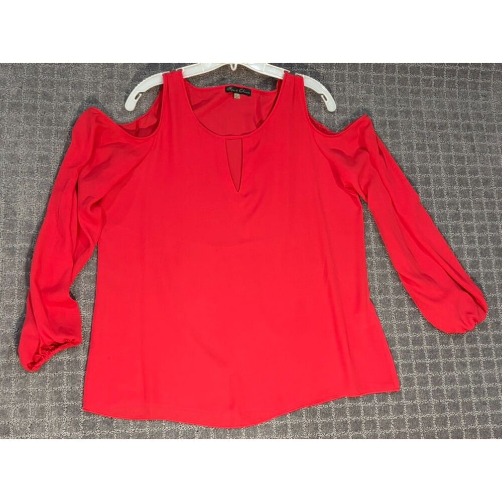 Rose & Olive Red Orange Cut - cold shoulder push sleeve polyester blouse size L